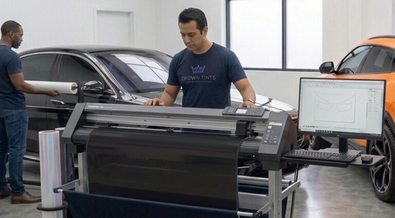 Computer-cut ceramic window tint pattern at Crown Tints in Kendall, Miami